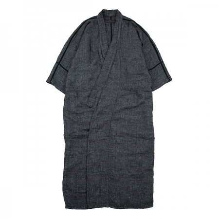 SASHIKO LINEN PREMIUM YABO YUKATA BLACK - casual, rustic, 75% cotton, 25% linen, long coat, robe, Porter Classic